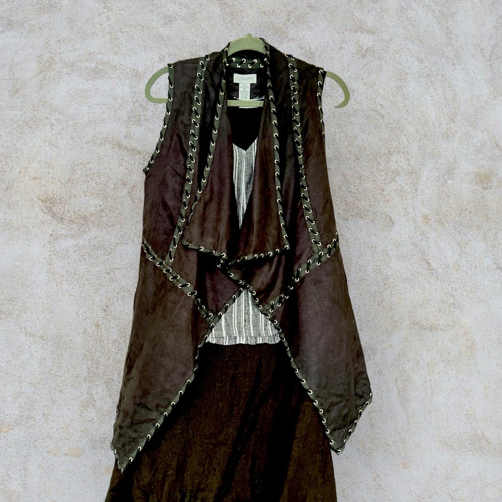 Carmen Mark Valvo black vegan suede lace and silver open vest. Size M- L.